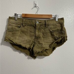 Free People Olive Green Distressed Denim Jean Shorts